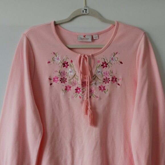 NWT Qucckers Factory Womens Salmon Pink Embellished Embroidered Tassel Top Sz L - Picture 2 of 8